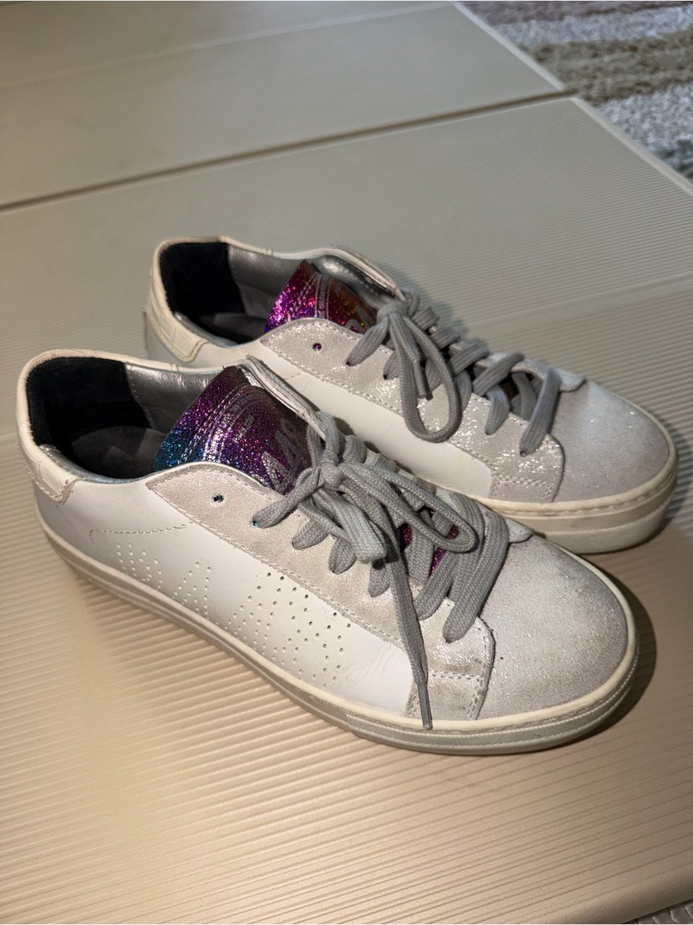Thea P448 White and Gray Sneakers with Multicolor Glitter Tongue